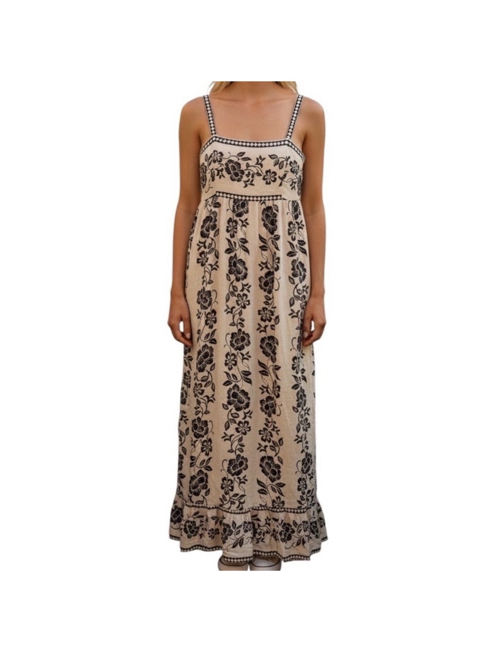 Joie Linen Blend Bohemian Floral Embroidered Maxi Dress - Beige/Black Large